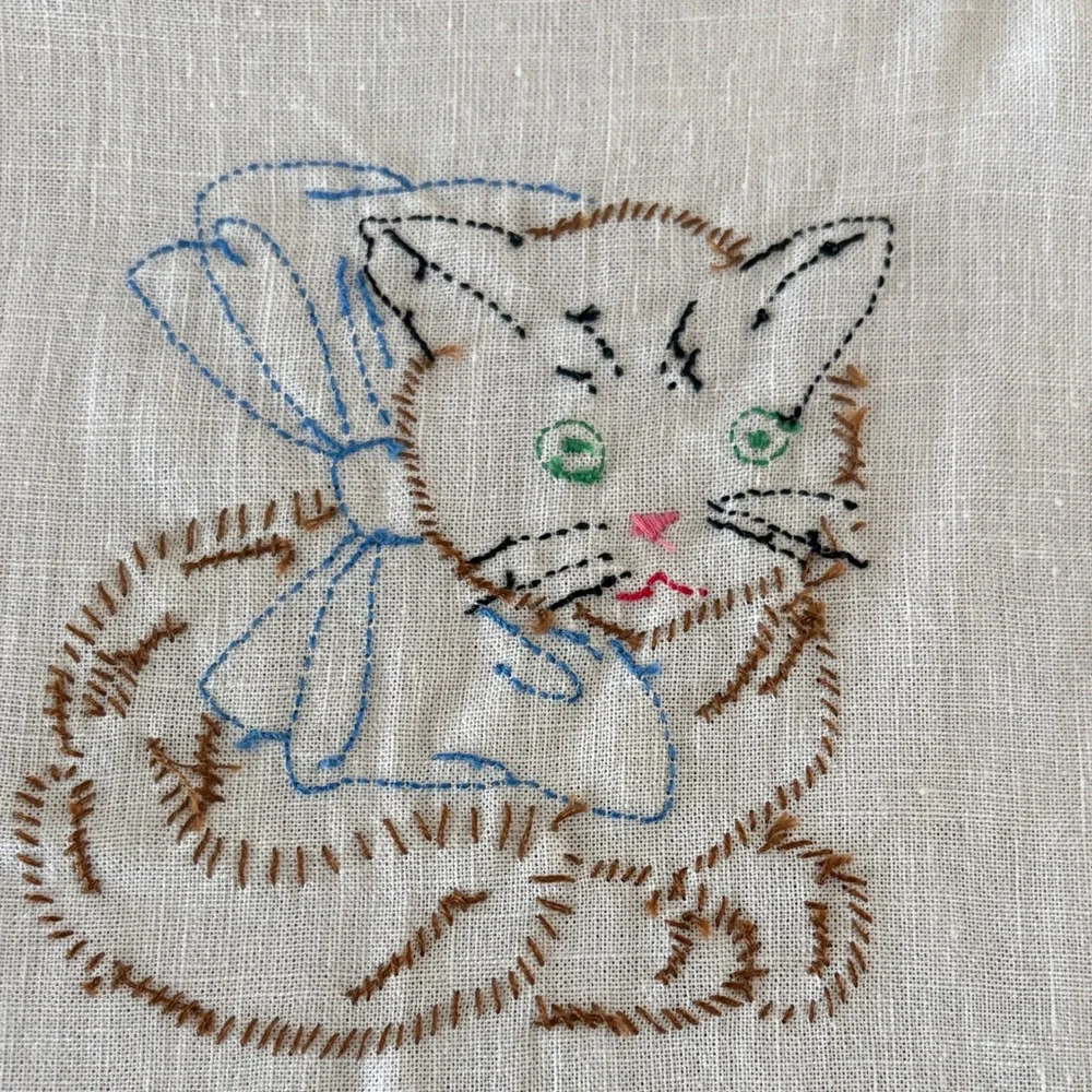 Hand Embroidered Cat Linen Squares - Blue and Pink
